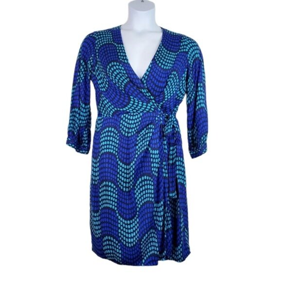 Boden Womens 3/4 Sleeve Blue Polka Dot Wrap Mini Dress Size 8 - Picture 1 of 9
